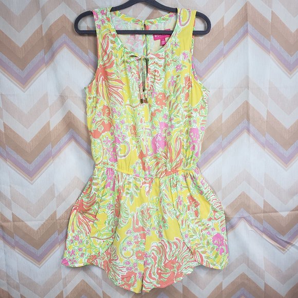 Yellow green sleeveless tied front romper - Picture 1 of 5